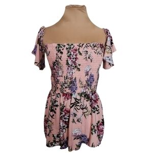 ADAM LEVINE‎ Cold Shoulder Smocked Peplum Blouse Peach Floral Women's Large